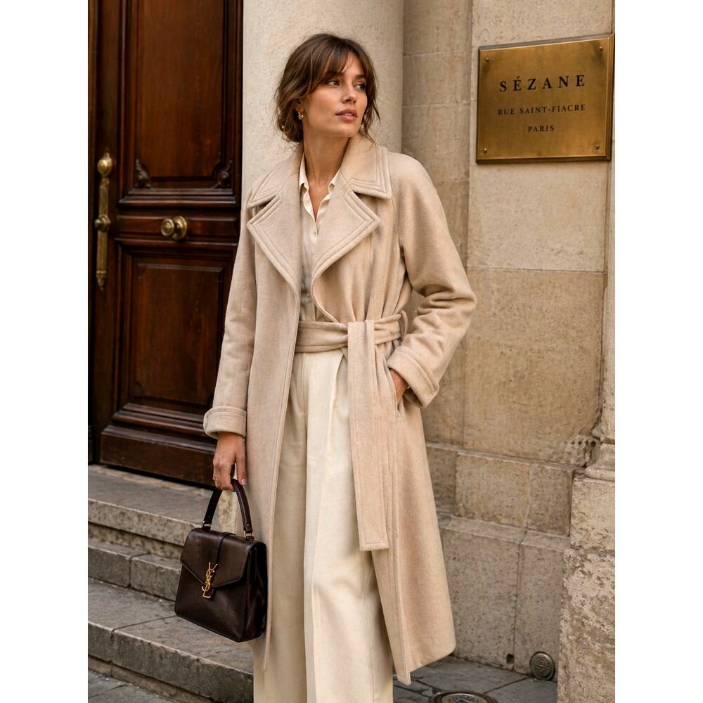 Neiman Marcus 4 Oversized 100% CASHMERE Wrap Coat $2700 Wide Lapel Trench Beige